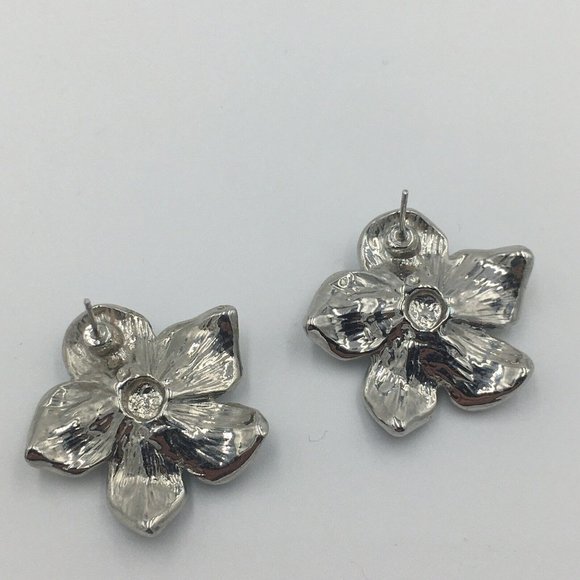 Blue & Silver Enamel FLOWER EARRINGS, Lavender Purple CENTER RHINESTONE - Picture 6 of 6